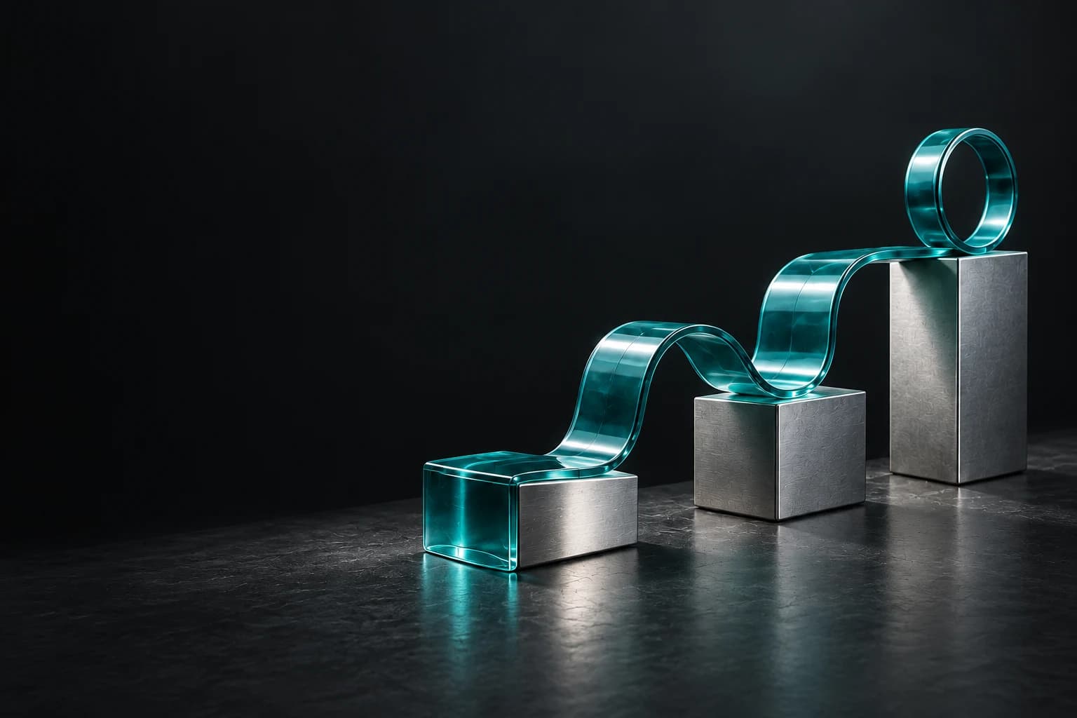 A continuous teal glass ribbon connects three ascending metal blocks.